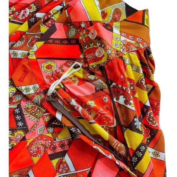 Vintage Retro 60s 70’s Polyester Paisley Orange Yellow Pink Brown A-Line Skirt - Picture 6 of 8